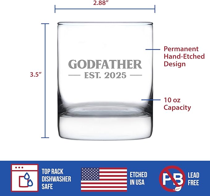 Custom Godfather Est 20XX - New Godfather Whiskey Rocks Glass Proposal Gift for First Time Godparents - Personalized Bold 10.25 Oz Glasses