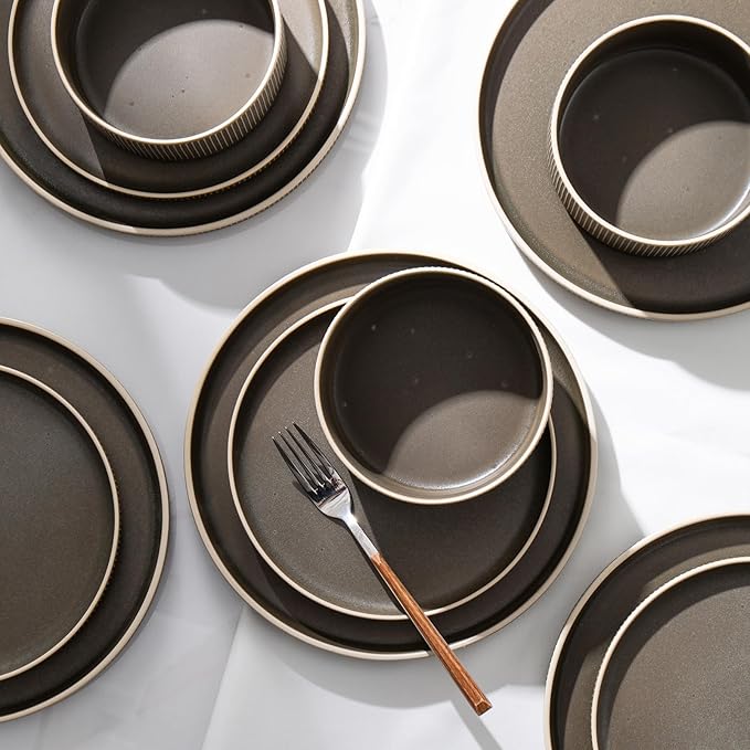 Dinnerware Set Service for 8, 24-Piece Ceramic Plates and Bowls Set, Chip & Scratch Resistant, Microwave and Dishwasher Safe, Modern Minimalist Tableware for Everyday Use, Matte Green