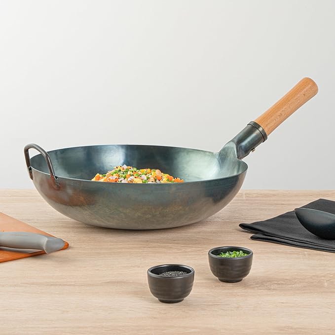 Restaurantware-Motomori 14 Inch Blue Carbon Steel Wok Pan, 1 Traditional Japanese Wok - Flat Bottom, Hand-Hammered, Carbon Steel Traditional Stir Fry Pan, With Wooden Handle