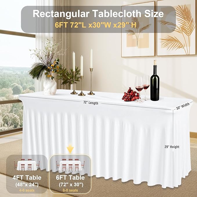6 Pack White Rectangle Tablecloth 72 Inch with Elastic Skirt - Wrinkle-Resistant Spandex Fitted 6FT Table, Stretchable Table Cover for Wedding Banquet Birthday Party Buffet Restaurant