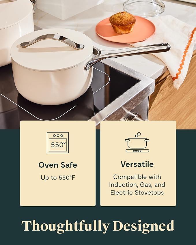 Caraway Nonstick Ceramic Sauce Pans with Lids (3 qt & 1.75 qt) - Non Toxic, PTFE & PFOA Free - Oven Safe & Compatible with All Stovetops (Gas, Electric & Induction) - Perracotta