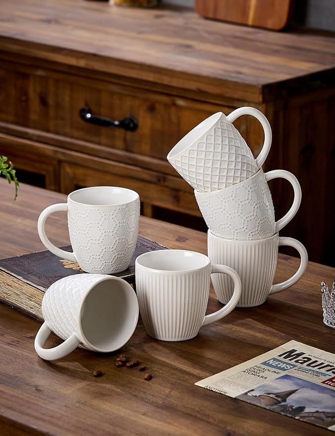 14oz Embossed Ceramic Coffee Mugs - Set of 6, Lead-Free Microwave & Dishwasher Safe Coffee Cups for Wedding Housewarming Coffee Lovers