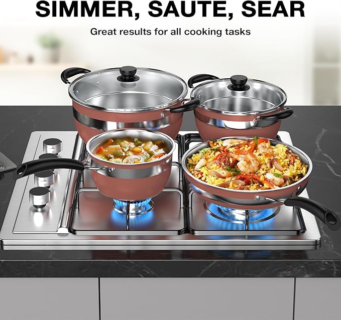 VBGK Pots and Pans Set Stainless Steel Cookware Set 10 Piece,Non Toxic Kitchen Induction Cookware Set,Kitchen Cooking Set with Tempered Glass lid & Stay-Cool Handle,Dishwasher Oven Safe,Stackable