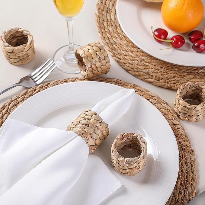 Napkin Rings Set of 12, Natural Water Hyacinth Woven Napkin Holders, 12pcs Rattan Napkin Rings for Rustic Farmhouse, Boho Wedding, Home & Dining Table Decor