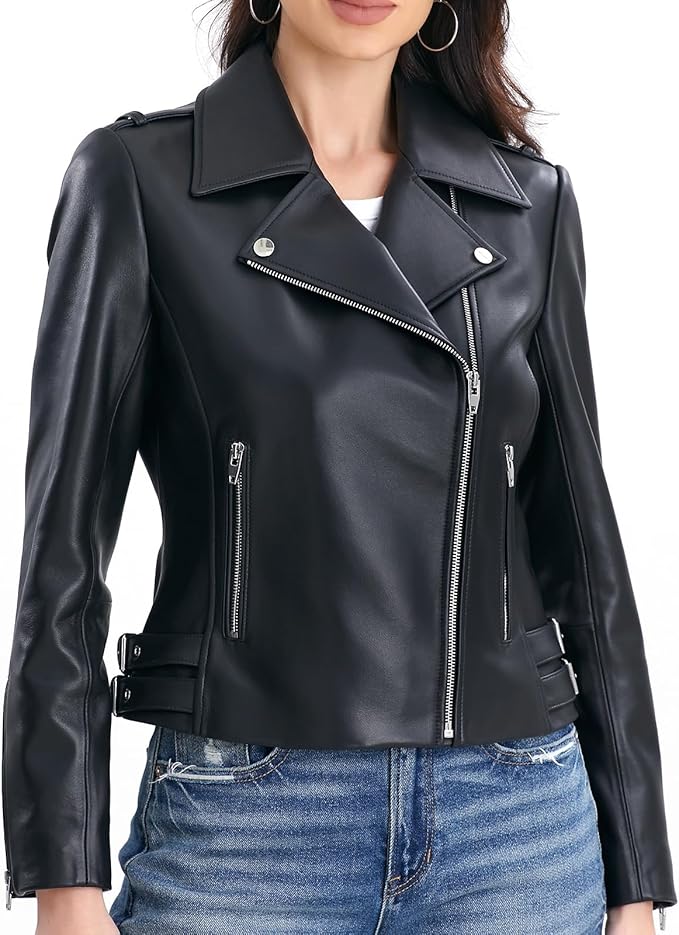 SILVER FASHIONS Lambskin Leather Jacket Women,Motorcycle Jacket,Asymmetrical Zip Style,Buckle Belts,Quilted Details