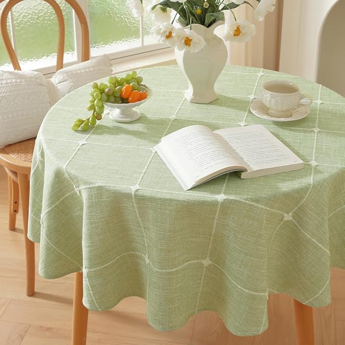 Zobesta Linen 60 Inch Round Tablecloth Green, Cotton Green Linen Table Cloth Plaid Farmhouse Soft Boho Tablecloth for Outdoor, Party, Holiday, Picnic, Dining