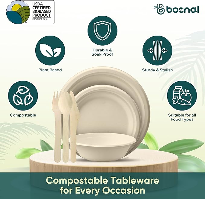 BOSNAL 10 inch & 7 inch Round Plates with 16 oz Bowls & Cutlery – 100% Plant-Based Sugarcane Bagasse, Eco-Friendly Disposable Dinnerware for Hot & Cold Meals, Microwave Safe, Durable & Compostable