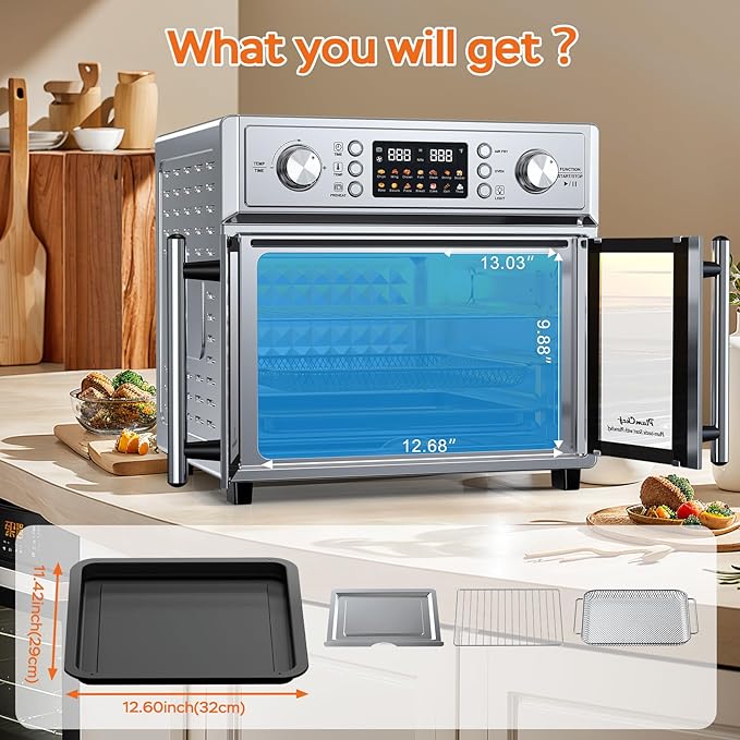 27.5QT French Door Air Fryer Toaster Oven Combo, Countertop Oven with 14 Presets & Digital Control, Extra Large Toaster Oven for Baking, Roasting, Accessories Includes,Stainless Steel