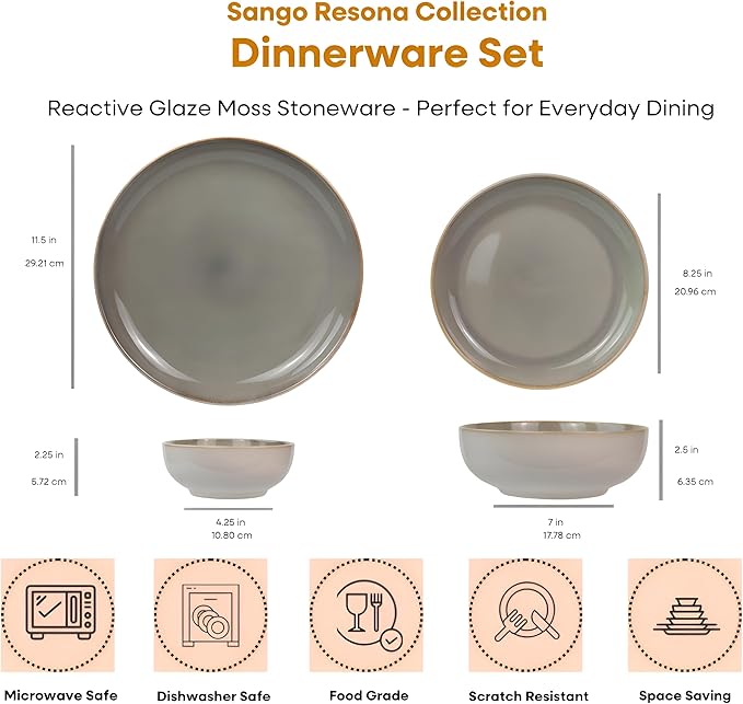 Sango 16-Piece Stoneware Dinnerware Set for 4, Glossy Cream/Green Plates and Bowls Sets with Reactive Glaze, Ceramic Dish Set, Modern Dishes for Everyday Use, Microwave & Dishwasher Safe, Resona Moss
