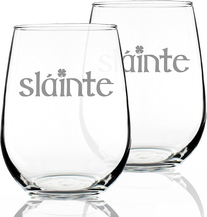 Bevvee Slainte Irish Cheers - Stemless Wine Glasses - Set of 2 - Fun Irish Themed Gifts and Decor - Large 17 Ounce