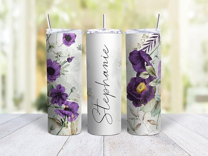 MRC Wood Products 20oz Skinny Tumbler Personalized Floral - Stainless Steel Double Wall Insulated Cup with Lid and Straw (Purple)