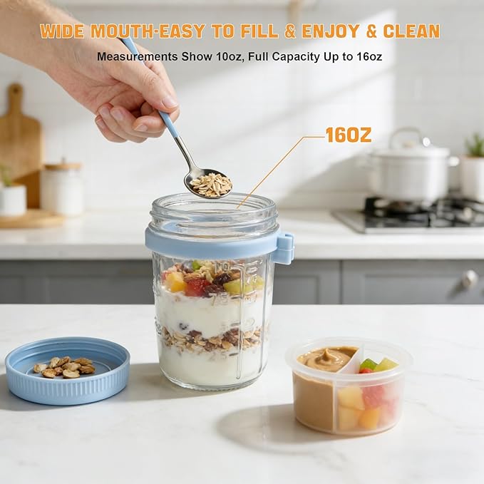 Overnight Oats Containers with Lids and Spoons - 4 Pack 16 oz Glass Mason Jars with Separate Compartments Airtight Overnight Oat Jars Leakproof Yogurt Parfait Cup for Oatmeal Chia Pudding Cereal Salad