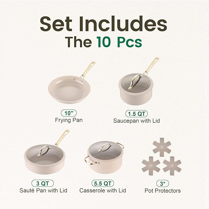 Chef Power Ceramic Cookware Sets, 10Pcs Pots and Pans Set Non Stick, Cookware Set with Stainless Steel Handle, Dishwasher & Oven Safe, Taupe and Light Gold Handle