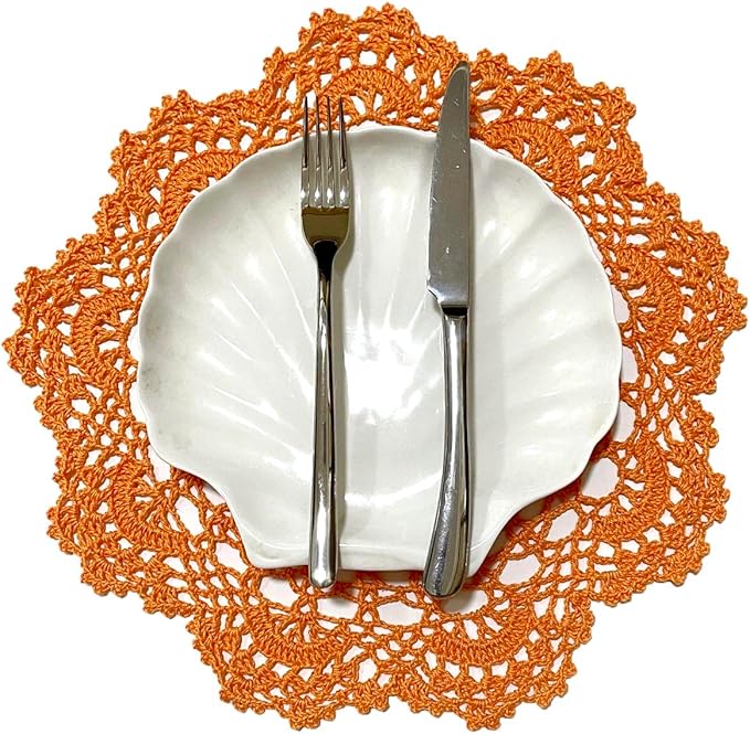 BIBITIME 2PCS Lace Table Doilies Kitchen Placemats Round Handmade Crochet Flower Cup Mug Mat Doily (13 inches to 14 inches,2PCS, Orange)