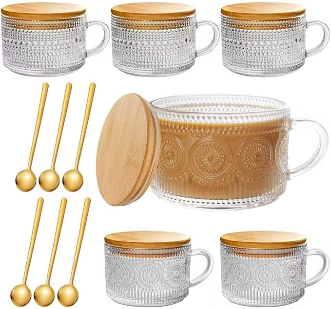 6 PACK Vintage Glass Coffee Mugs 14oz Clear Embossed Tea Cup Set with Bamboo Lids and Gold Spoons,Yogurt Bowl,kitchen gifts for women