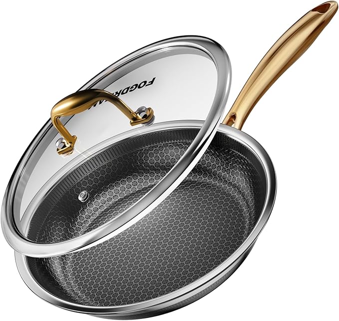 FogDream 10” Non Stick Frying Pans, Stainless Steel Skillet with Lid, Tri-Ply Stainless Steel for All Cooktops, Dishwasher and Oven-Safe Cooking Pan, Stay-Cool Handle, Gold