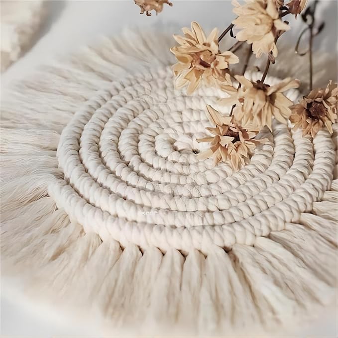 Boho Coasters Set of 2, Handmade Macrame Placemats for Housewarming Gift Home Decor Desk Table Kitchen Dining Room, Bar Drink Coaster for Mugs and Cups (Round, White)