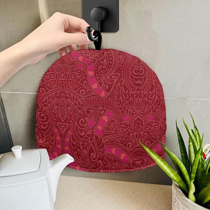 Tea Cozy for Teapots with Handle, Valentine's Day Heart and Polynesia Print Dust Insulated Cover, Hanging Fold-Up Design, Suitable for Kitchen and Living Room Table Decoration