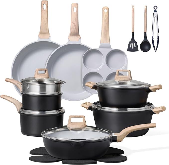 CAROTE 21pcs Pots and Pans Set Nonstick, Cookware Set Black Induction Kitchen Cooking Set w/Frying Pans & Saucepans(PFOS, PFOA Free)