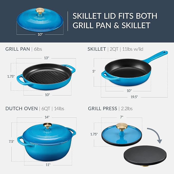 Best Choice Products Non-Stick Pot & Pan Cookware Set, Cast Iron, 2Qt Skillet W/Lid, 10" Grill Or Griddle Pan W/Press, 6Qt Enameled Dutch Oven, Non-toxic, For Cooking & Grilling - Blue