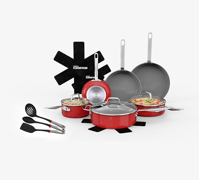 Guy Fieri's Flavortown 15-Piece Ceramic Cookware Set, Nonstick Pots and Pans for Cooking, Easy-Clean Kitchen Cookware, Made without PFAS PTFE PFOA, Induction Compatible, Oven & Dishwasher Safe, Red