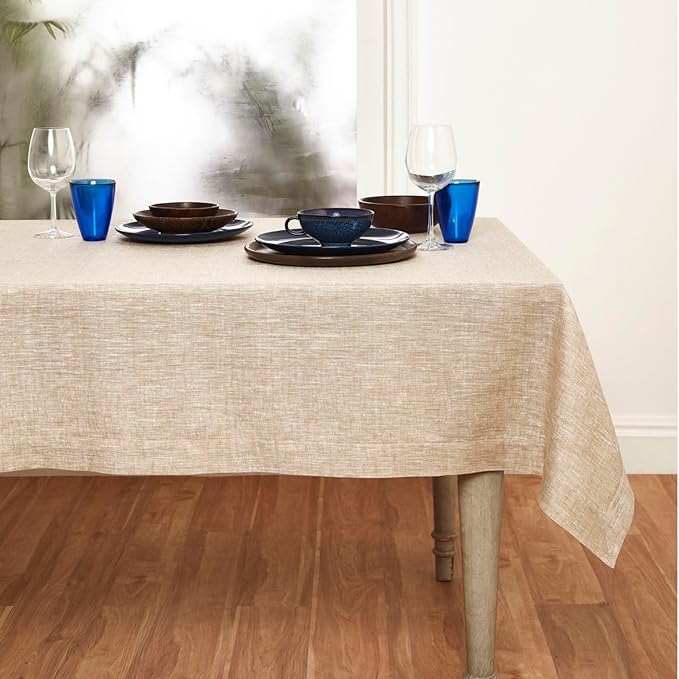 Solino Home Linen Tablecloth 60 x 108 Inch - 100% Pure Linen Champagne Beige Table Cloth for Rectangular Tables - Athena, Machine Washable Cloth Tablecloth for Fall, Thanksgiving, Christmas, Holiday