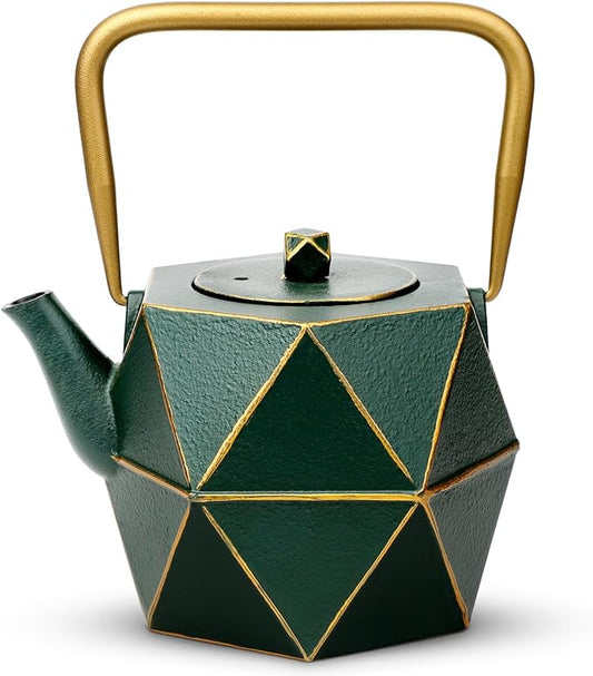 Toptier Mini Tea Kettle, Super Small Palm-sized Teapot, Stovetop Safe Japanese Cast Iron Tea Kettle, Diamond Design Tea Pot with Removable Infuser for Loose Tea, 11 Ounce (325 ml), Dark Green