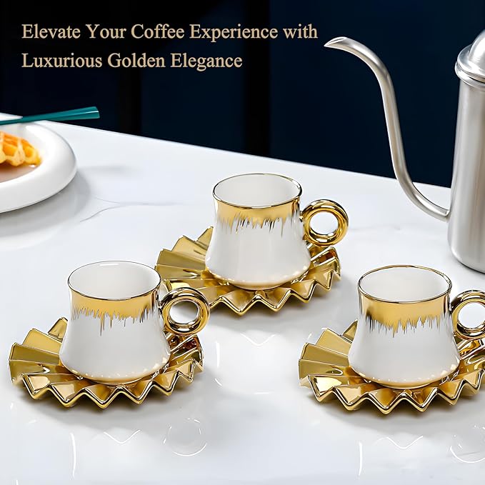 AstraLoom Turkish Coffee Cup Set - 6 Small 3oz Ceramic Demitasse Cups with Saucers, Gold-Plated Rim, for Espresso & Turkish Coffee