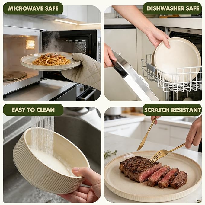 Stoneware Dinnerware Sets, Plates and Bowls Sets for 4, 12-Piece Ribbed Dishes – Chip & Scratch Resistant, Microwave and Dishwasher Safe Tableware, Beige