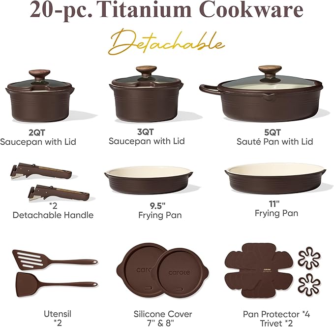 CAROTE 20Pcs Titanium Cookware Set, Pots and Pans Set Non Stick, Kitchen Cooking Set with Detachable Handle, Non Toxic Induction Cookware, Dishwasher/Oven Safe, Browm
