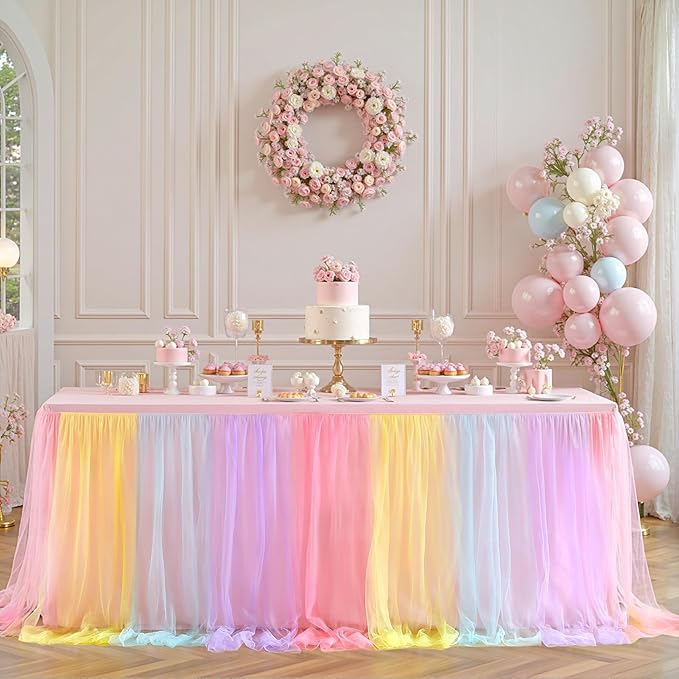 Rainbow Tulle Birthday Party Tablecloth for 6 Foot Rectangular Tables 6ft Rectangle Rainbow Table Cloths for Parties Wrinkle Free Table Cover with Tutu Skirt for Baby Shower Girls Banquet Buffet Cake
