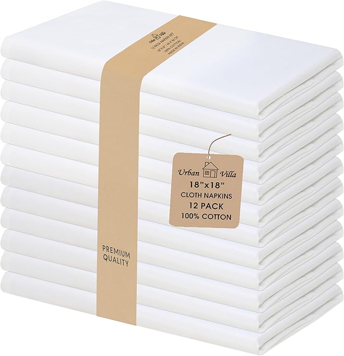 Urban Villa Cloth Napkins White Dinner Napkins Set of 12 (18X18 Inches) 100% Cotton Absorbent Washable Durable Reusable Ideal for Hotel Collection Farmhouse Party Thanksgiving Fall Dinner Napkins