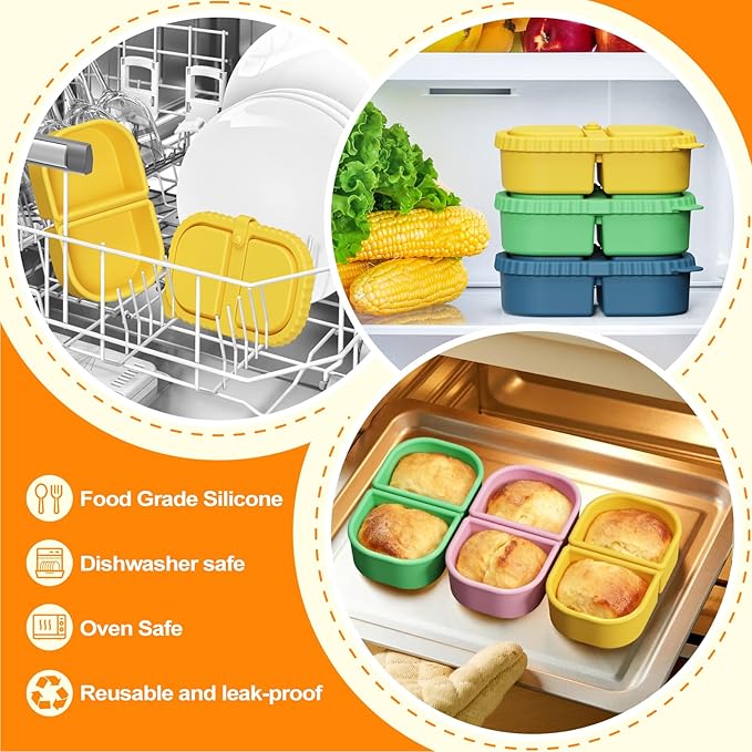 4 Pack Silicone Reusable Snack Containers with Lids, 8.5oz 2 Compartment Snackle Box Container, Leakproof Bento Box Snack Pack Containers Food Storage for Lunch, Picnic, Travel, Office