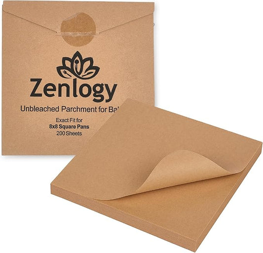 Zenlogy 8x8 Parchment Squares (200 sheets) - Unbleached, Non-stick, Pre-cut Parchment Paper - Fits 8x8 Brownie Square Pans and Toaster Oven Trays, and Air Fryer - Great for Wraps, Baking, Roasting