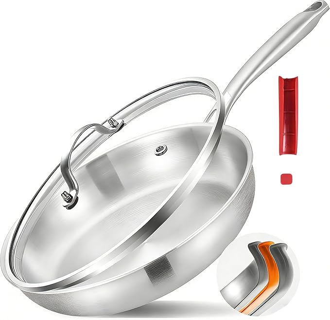 Inqibee 12 Inch Tri-Ply Stainless Steel Frying Pan with Lid, Skillet, Induction Cooking Pan, Dishwasher Safe, Detachable Large Handle