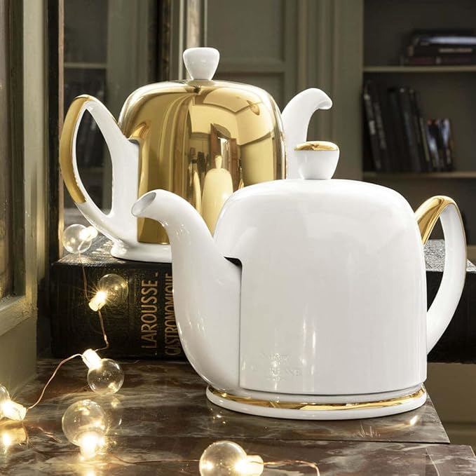 Degrenne Salam Gold Luxury French Tea Pot - Porcelain Teapot with Brushed Stainless Steel Cover, Ceramic Tea Kettle for Loose Tea, Removable Infuser, 4 Cup Capacity, 24oz - White/Gold