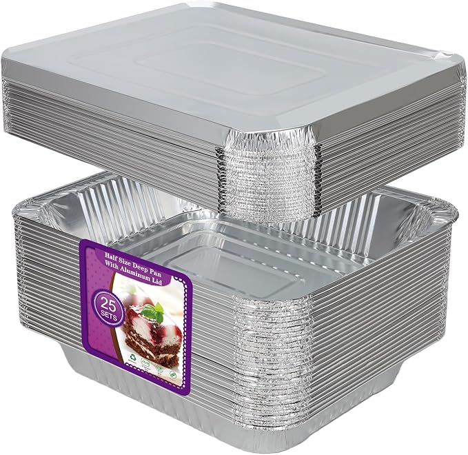 Aluminum Foil Pans Half Size 9x13, Disposable Aluminum Pans Large Baking Pan Trays-Heavy Duty Foil Pans Roasting, Cooking, Heating or Steam (25 pans with lids)