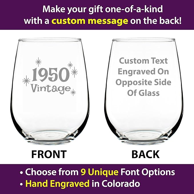 Bevvee Custom Vintage 1950 Stemless Wine Glass - Personalized Birthday Gifts for Women & Men - Bday Party Decor - Large 17 oz