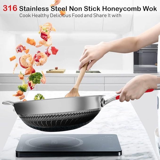 MEGOO 12 inch Stainless Steel nonstick wok with lid | Honeycomb wok & stir-fry pan | induction wok Compatible with All Cooktops | Dishwasher Safe | PFOA/PFA-Free