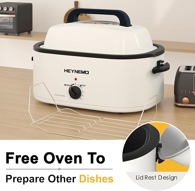 22QT Electric Roaster Oven, Electric Turkey Roaster with Viewing & Self-basting Lid, Stainless Steel Turkey Roaster Oven, White