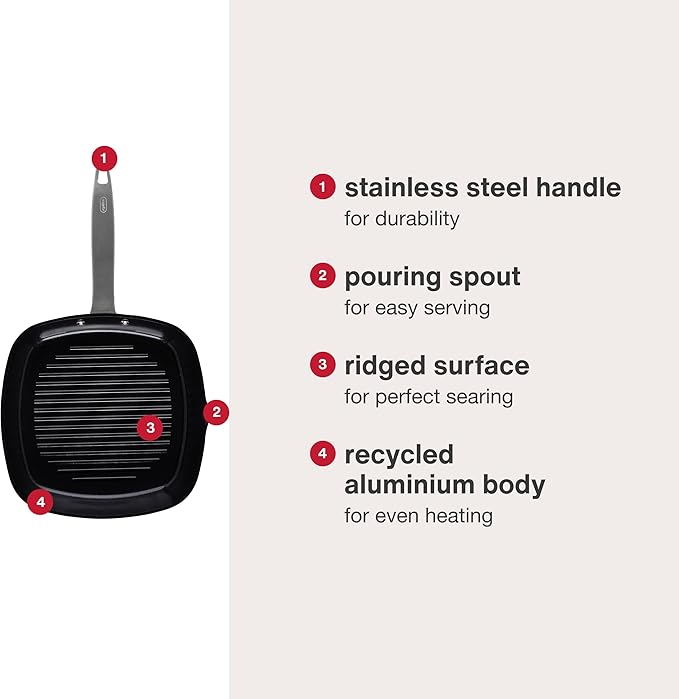 Zyliss Ultimate Pro Square Ceramic Grill Pan - Durable Grill Pan with Non-Stick Coating - Food- & Oven-Safe Pan for Grilling & More - Everyday Pan with Pouring Spout - 10"