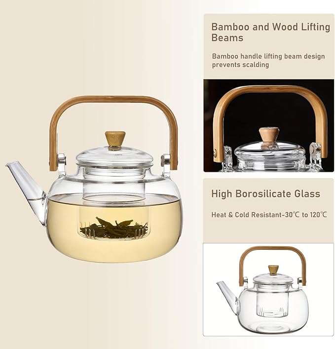 1500ml (50.72oz) Borosilicate Glass Teapot with Wooden Handle, Stovetop Safe Large Tea Kettle with Removable Glass Infuser for Blooming Tea and Loose Leaf Tea