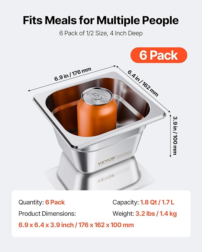 VEVOR 6 Pack Stainless Steam Hotel Pans, 1/6 Size Table Steam Pan, 4 Inch Deep, Anti Jam Restaurant Supplies Reusable Rustproof Catering Storage for Home, Party, Restaurant, Hotel, Buffet