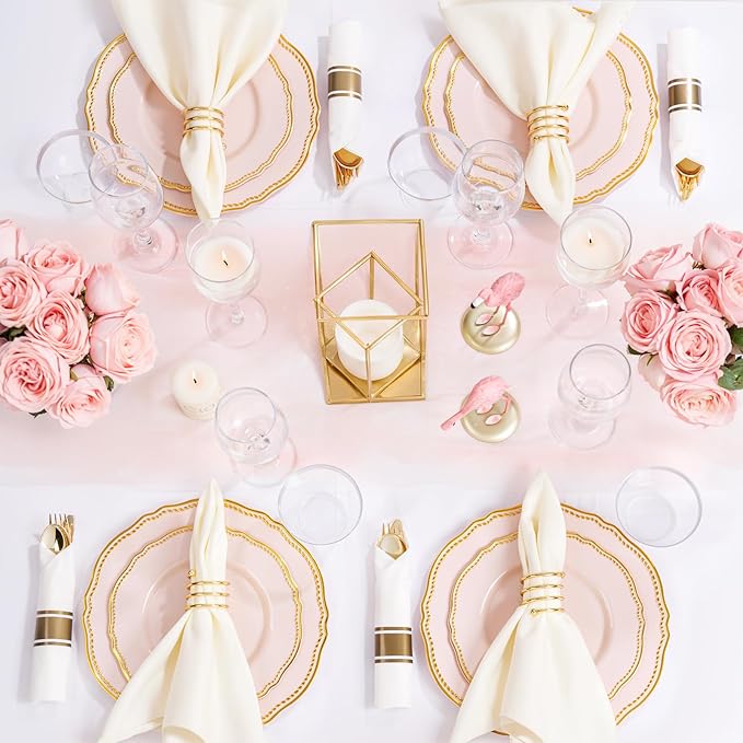 Hioasis 175pcs Pink and Gold Plastic Plates - Pink Plastic Dinnerware Set Includes 25 Dinner Plates, 25 Dessert Dinnerware, 25 Cups, 25 Napkins Perfect for Wedding & Valentine's Day