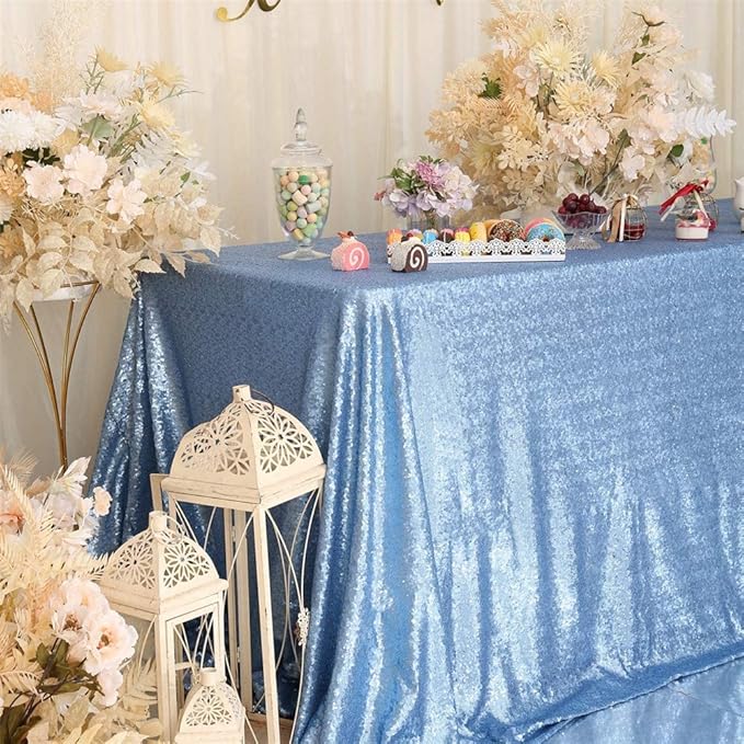Eternal Beauty Baby Blue Tablecloth, 90x132 Inch Sequin Rectangle Table Cover for Cake Dessert Exhibition Party Birthday Events