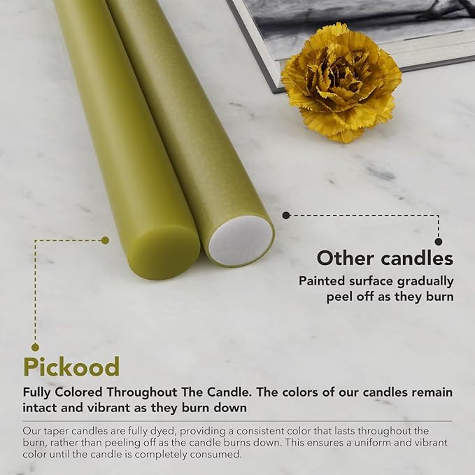12-Inch Tall Dripless Taper Candles Set of 4 - Olive Green Tapered Candles, Perfect for Halloween - Smokeless, Unscented, Long Burning - Hand Poured, Colored Tall Candlesticks - Oliva