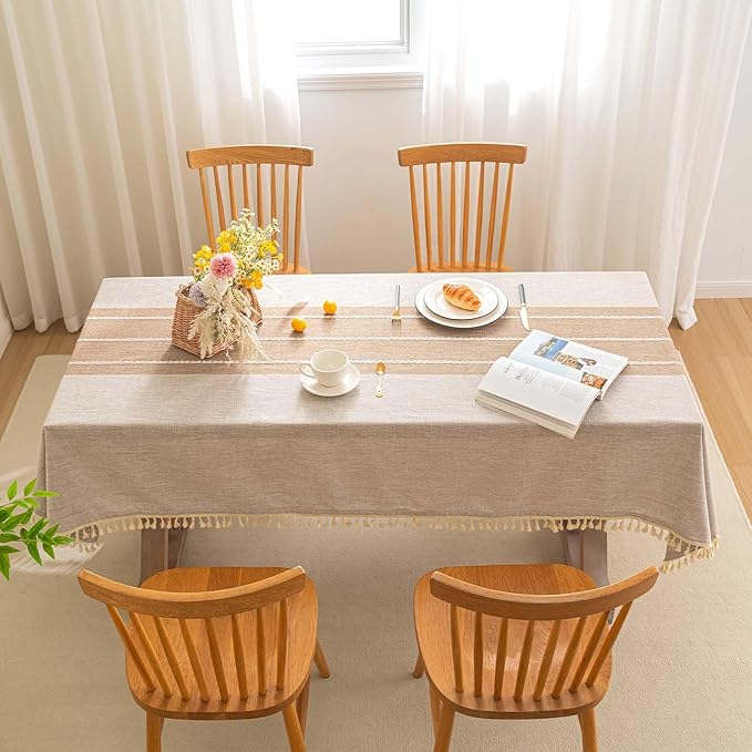 SIELUNO Farmhouse Tablecloth Cotton Linen Waterproof Burlap Table Cloth Rectangle Table Cloths for Kitchen Dinning Tabletop Decoration-Coffee Stripe-Rectangle, 55''x102'', 8-10 Seats