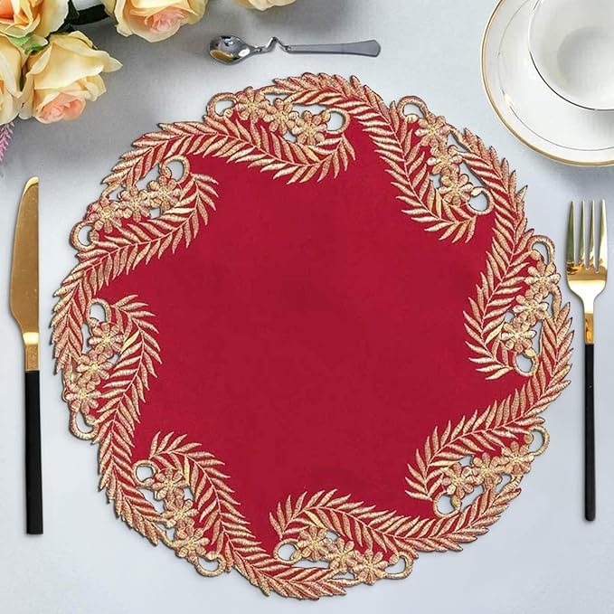 Decozen Set of 4 Doilies for Table, Lace Doilies Rustic Farmhouse Kitchen Dining Table Centerpiece Decor, 15 Inch Gold Burgundy Round Placemats for Home, Valentines Day Gifts, Valentines placemats