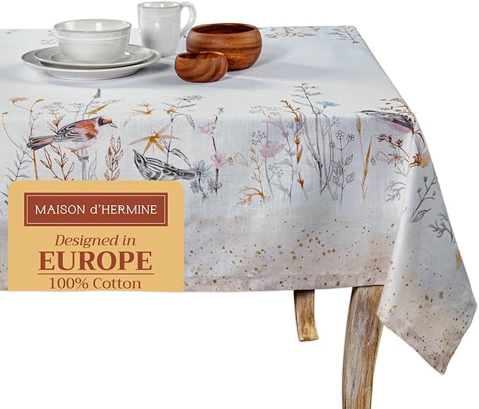 Maison d' Hermine Table Cloth Square Table 100% Cotton 60 x 60 Inches Tablecloth Reusable Decorative for Dining Room Farmhouse Home Valentines Day Decorations Spring Summer - Meadow Florals - Beige