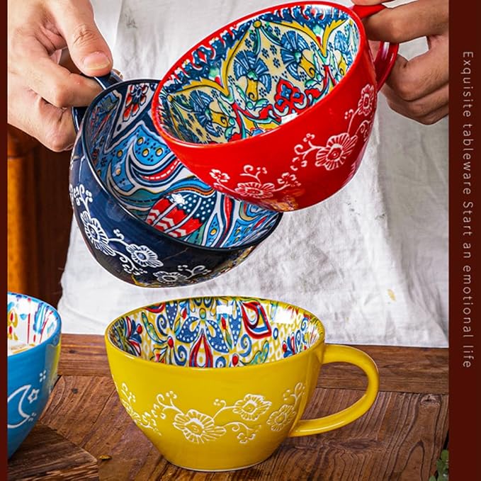 Bohemian Hand-Painted Ceramic Mug, 15 Oz Large Coffee Cup for Milk, Tea, and Breakfast, Dishwasher & Microwave Safe Artisan Cup, Orange